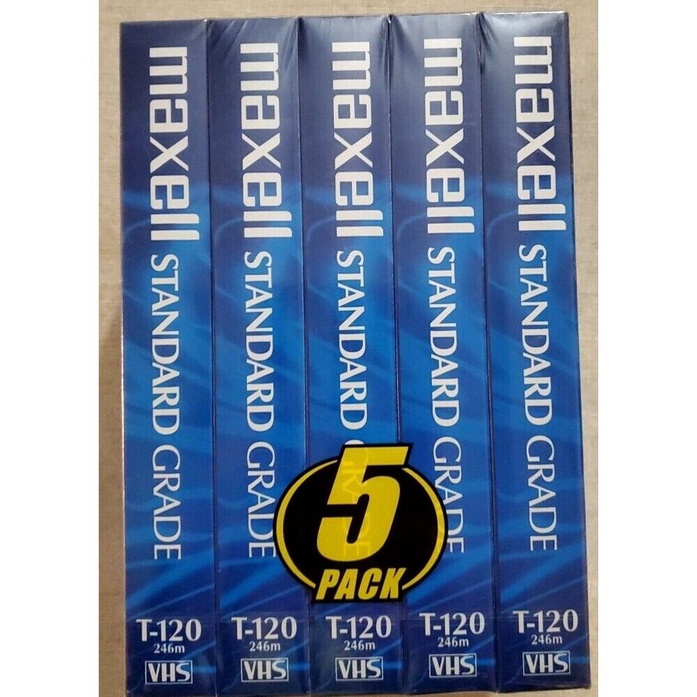 VHS T-120 Maxell Standard Grade Video Cassette Tapes 6 Hrs -5 pack- NEW in Cello